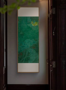 新中式荷花装饰画酒店民宿会所玄关墨绿色竖款多联挂画法式复古画