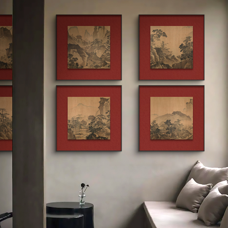 新中式客厅沙发背景墙多联组合挂画餐厅酒店别墅挂画茶室山水壁画