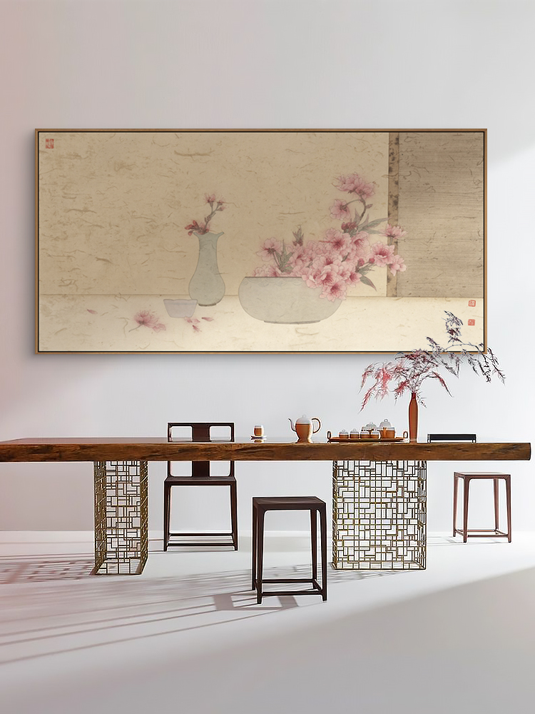 新中式客厅装饰画餐厅卧室床头挂画日式原木风民宿酒店花朵墙画图片