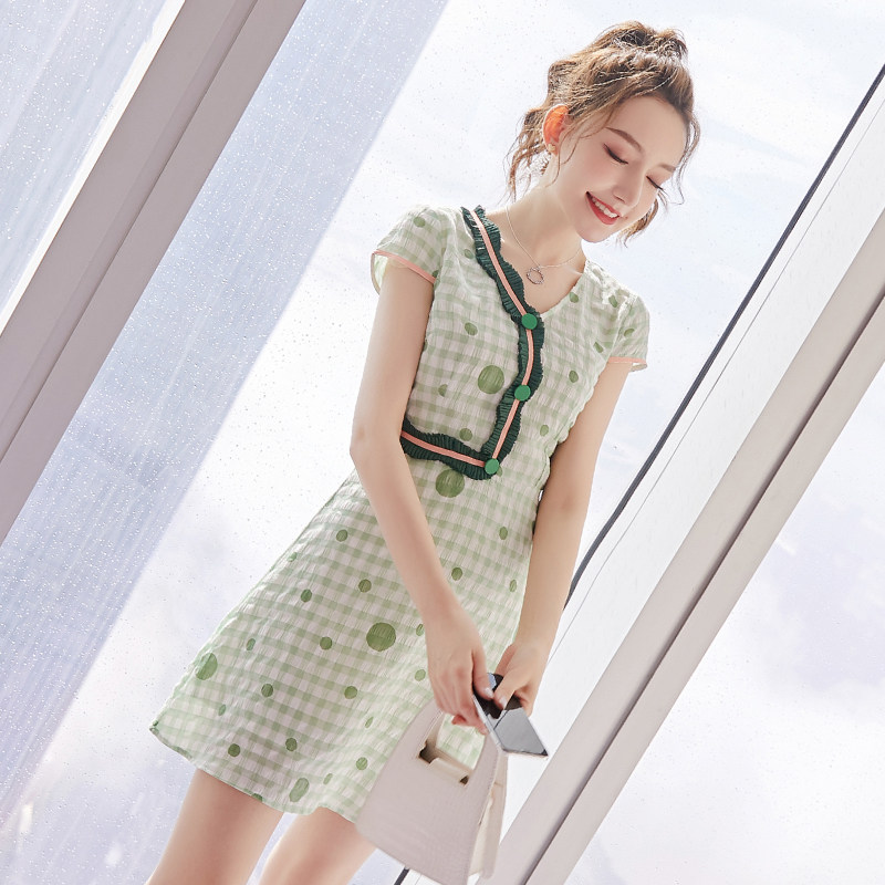 裙子2022年新款夏天设计感小个子收腰A字裙甜美学院风 雪纺连衣裙