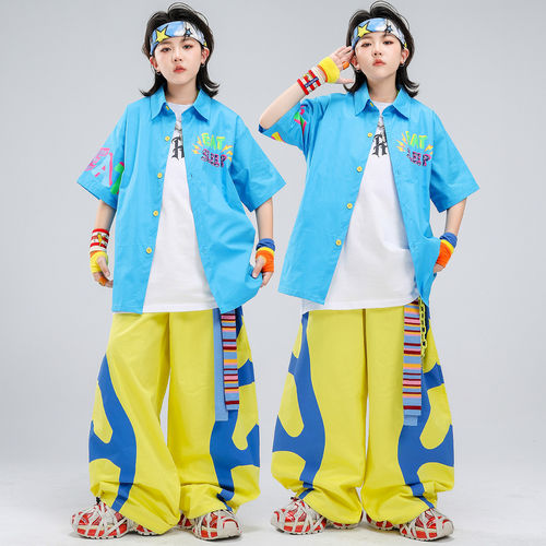 街舞儿童潮服嘻哈多巴胺蓝色衬衫