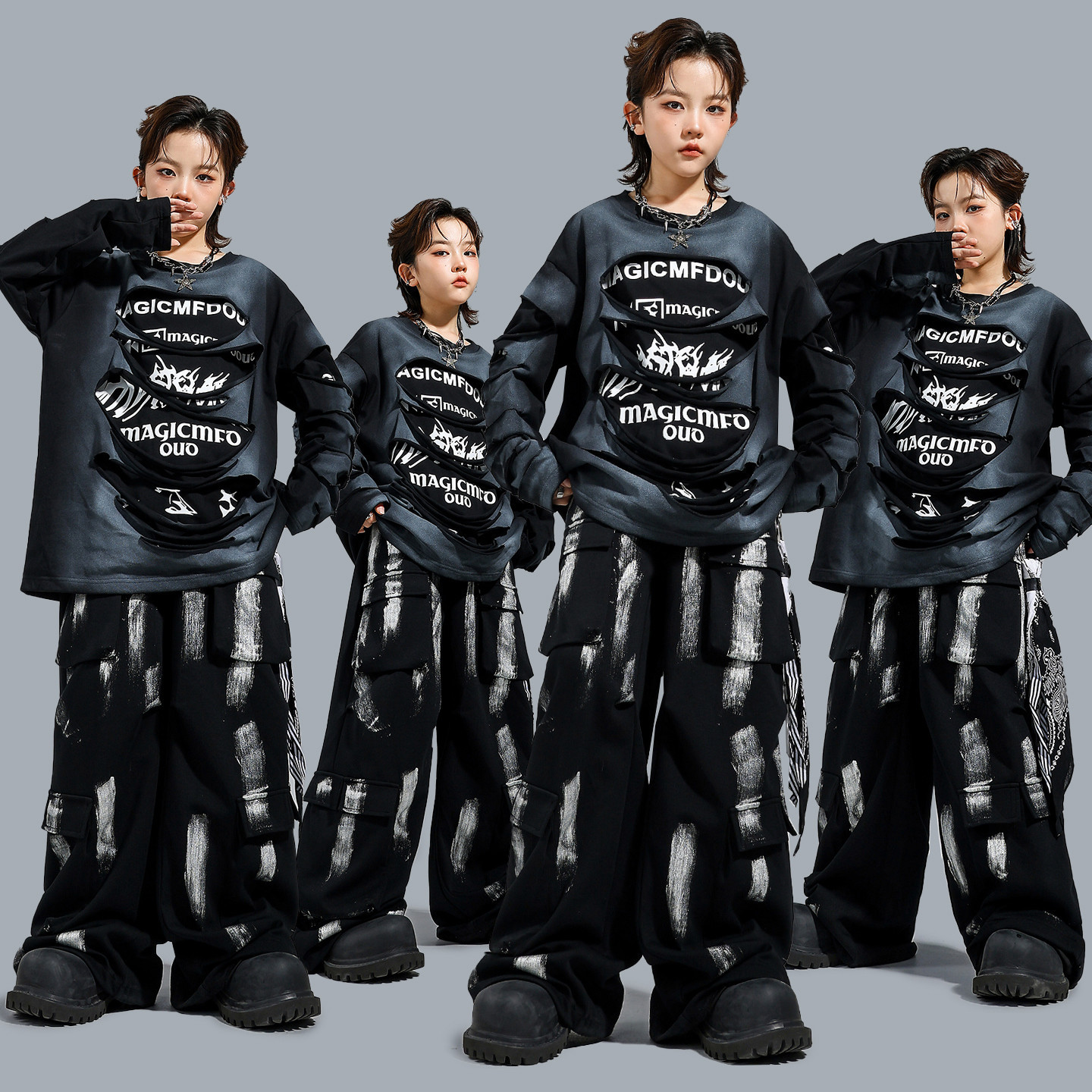街舞儿童演出服嘻哈男童长袖破洞上衣套装潮酷元旦少儿hiphop套装