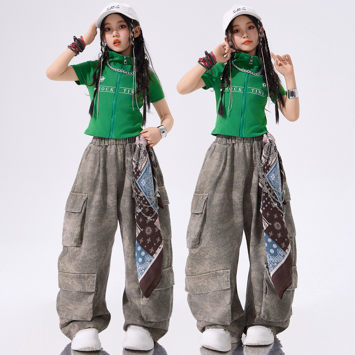 女童爵士舞服装jazz穿搭绿色开衫