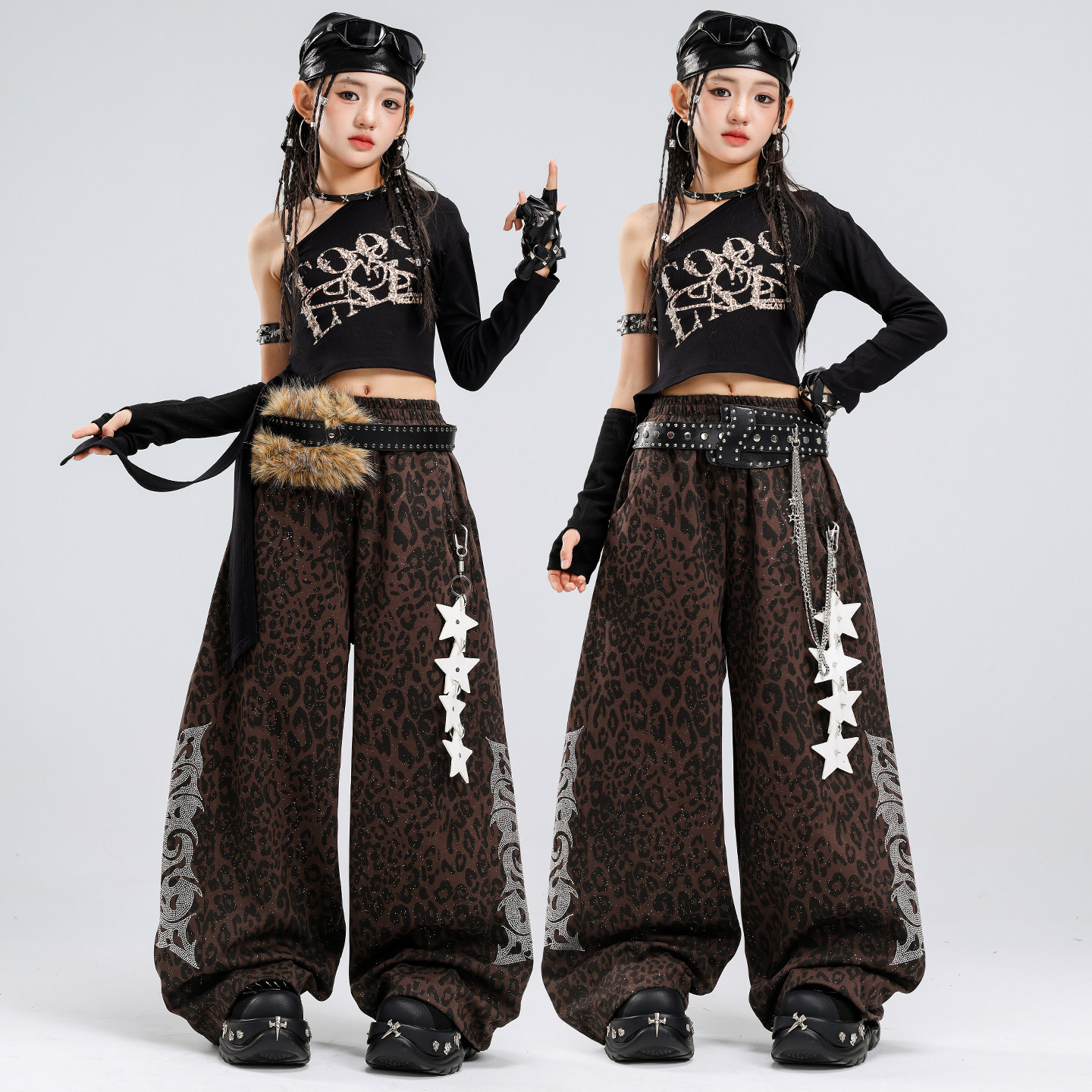 少儿爵士舞服装露脐女童十字豹