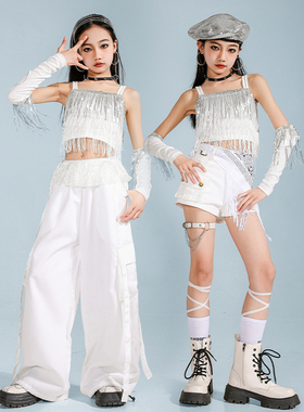 爵士舞女 童服装露脐白色流苏套装时髦jazz走秀舞蹈服六一表演服