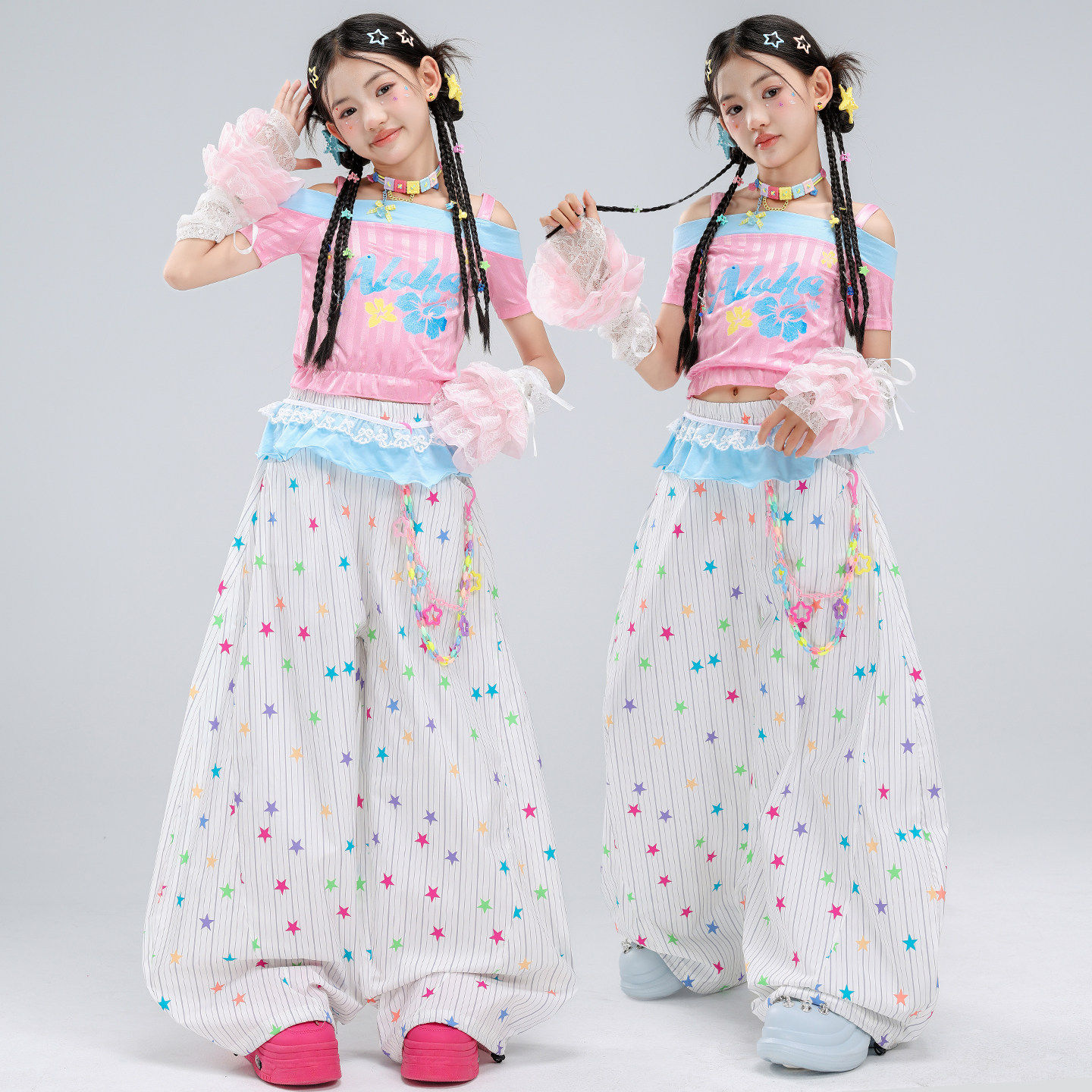 女童爵士舞服装时髦一字肩吊带