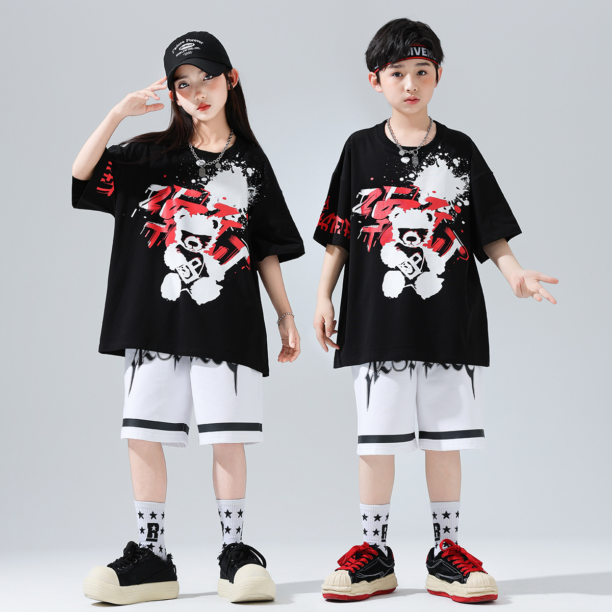 儿 童街舞演出服夏季女孩爵士舞服装少儿架子鼓表演服男 童嘻哈套