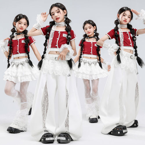 少儿爵士舞服装女童时髦红白露脐