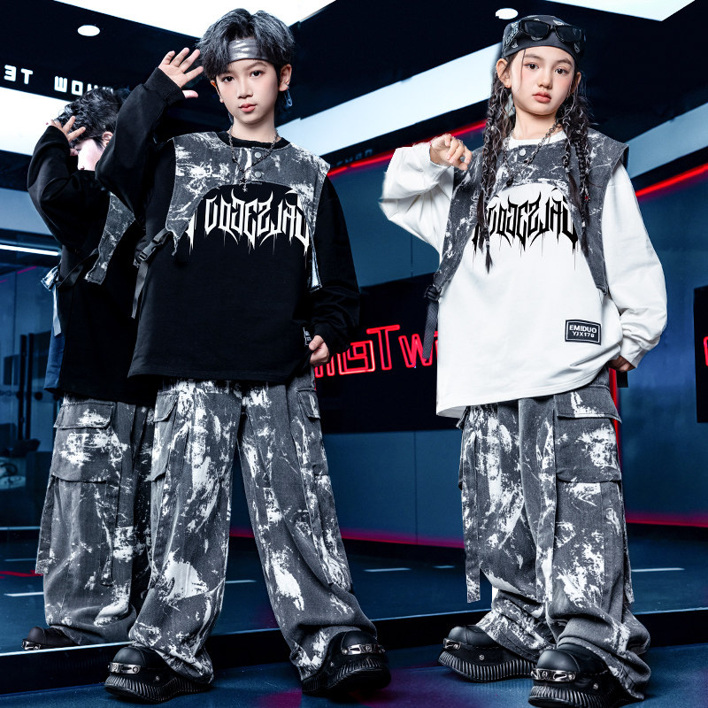 儿童街舞潮服元旦演出服男童酷帅马甲套装hiphop女童架子鼓表演服