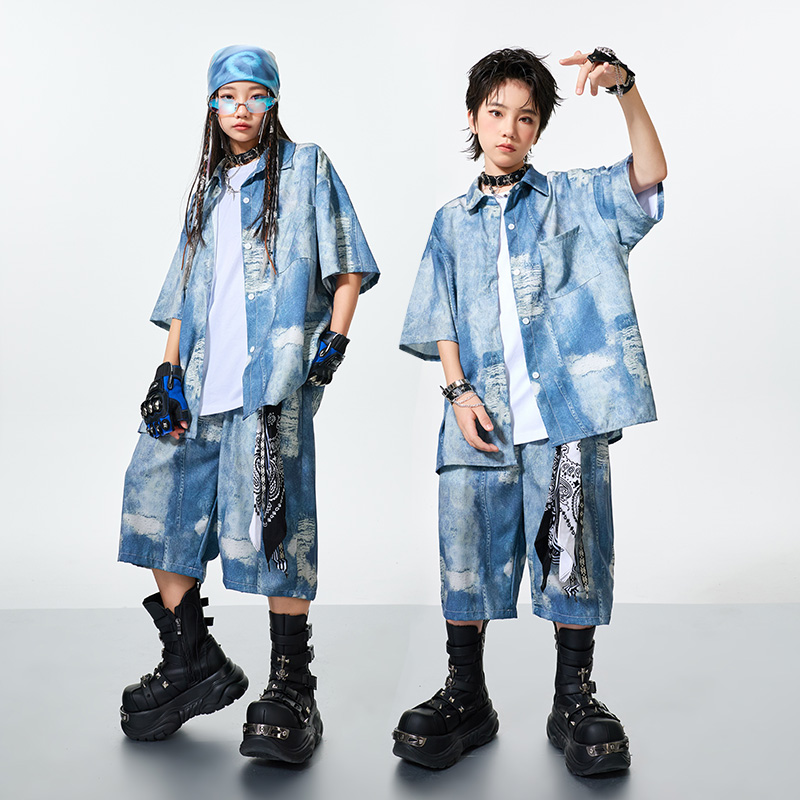 儿 童街舞潮服演出服男女 童牛仔套装hiphop少儿嘻哈爵士舞架子鼓