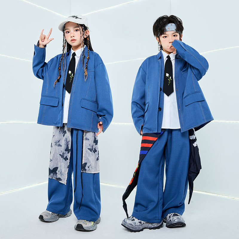 儿童爵士舞套装蓝色西装男童潮服少儿街舞演出服hiphop嘻哈女走秀