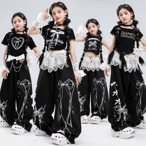 女童爵士舞服装jazz黑白蝴蝶结