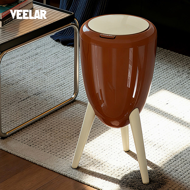 VEELAR按压式垃圾桶家用高脚免弯腰落地式客厅厨房卧室咖中古带盖
