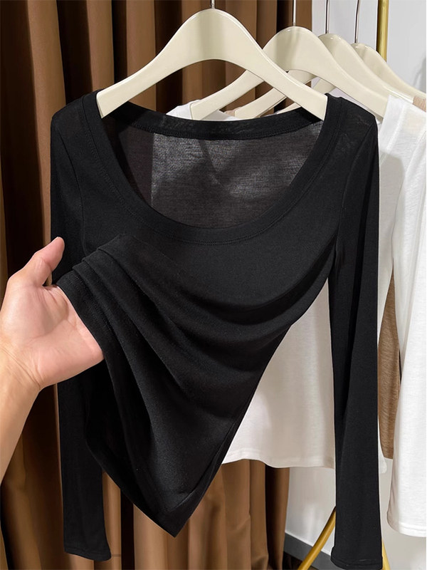 微透黑色针织打底衫女春秋新薄款简约基础显瘦低圆领长袖t恤上衣