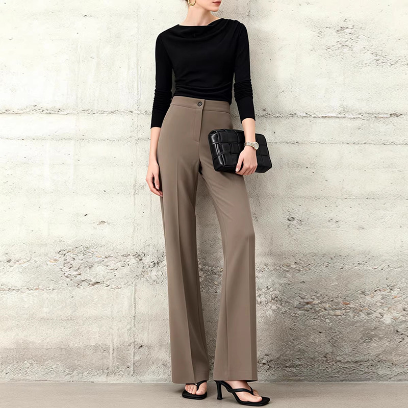 咖色窄版直筒西装微喇裤女春夏季修身高腰显瘦垂坠感休闲裤喇叭裤