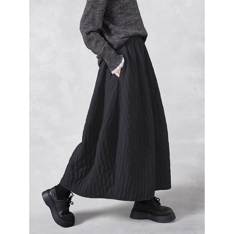 加厚夹棉黑色半身裙女秋冬季新款松紧高腰遮胯显瘦长款a字花苞裙