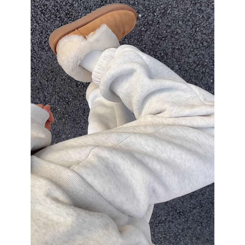 灰色阔腿运动裤女春秋冬高腰显瘦宽松遮肉加绒小个子休闲束脚卫裤