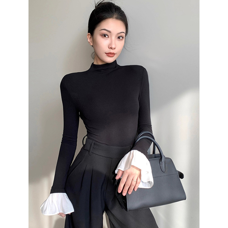 法式拼接喇叭袖半高领打底衫女秋冬新款皮草内搭修身长袖T恤上衣