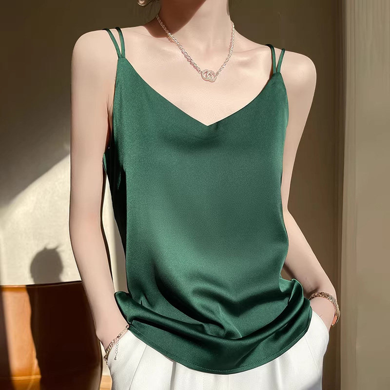 醋酸缎面绿色v领吊带背心女春夏内搭美背气质打底外穿仿真丝上衣