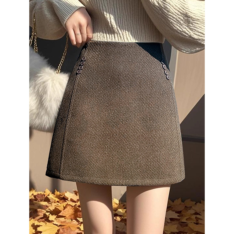 咖色毛呢半身裙女秋冬季2025新款高腰显瘦小个子辣妹a字包臀短裙