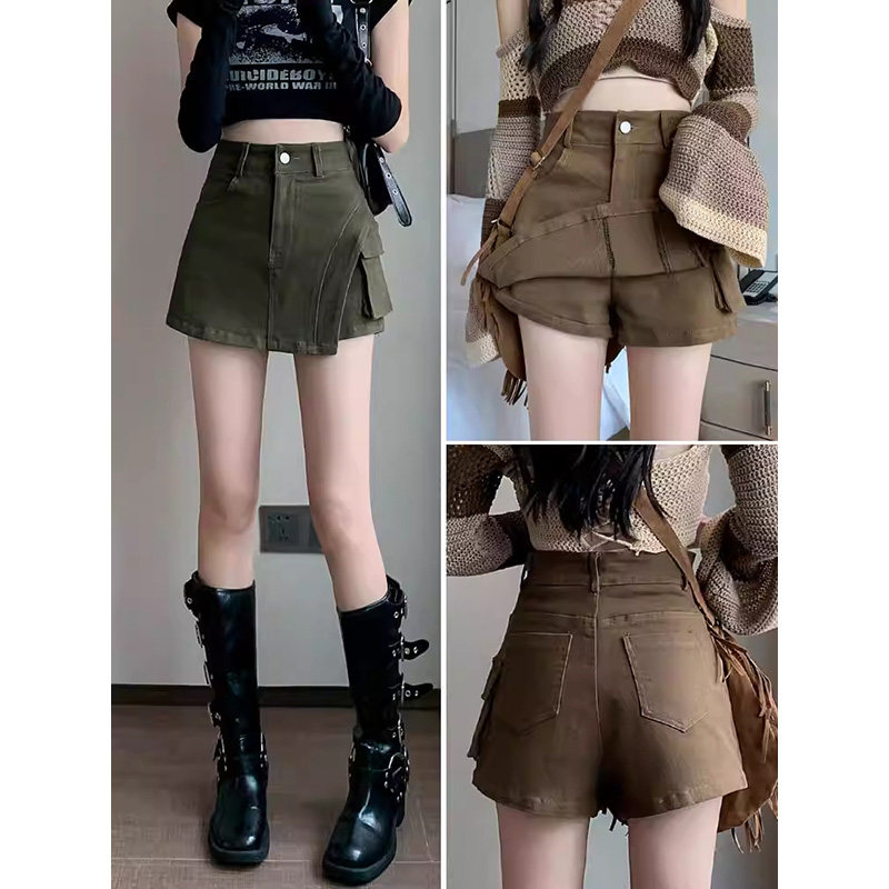 美式卡其色工装牛仔短裙裤女2026春季小个子高腰辣妹a字阔腿热裤