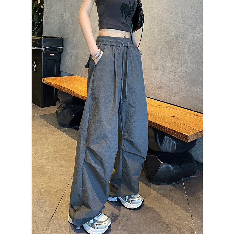 灰色美式工装裤女夏薄款高腰显瘦宽松百搭冰丝休闲阔腿伞兵运动裤