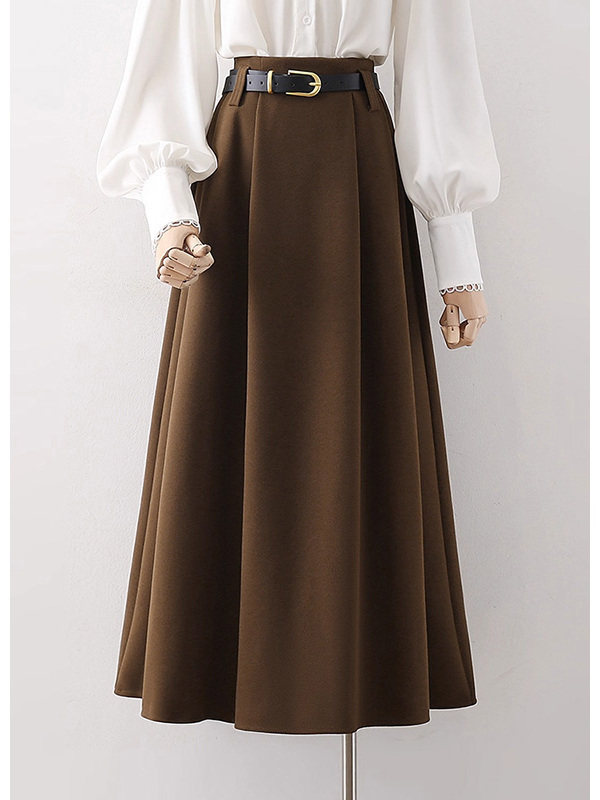 咖色毛呢半身裙女秋冬新款高腰遮胯显瘦中长款百褶裙大摆a字伞裙