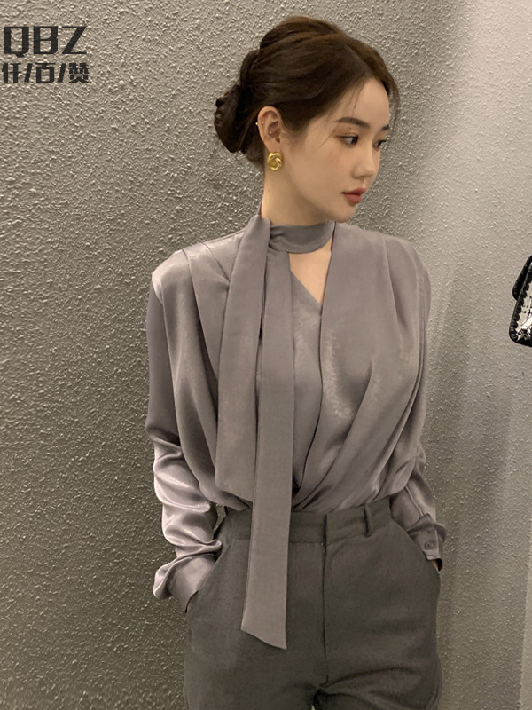 飘带v领衬衫女春秋法式气质系带高级设计感小众醋酸缎面长袖上衣
