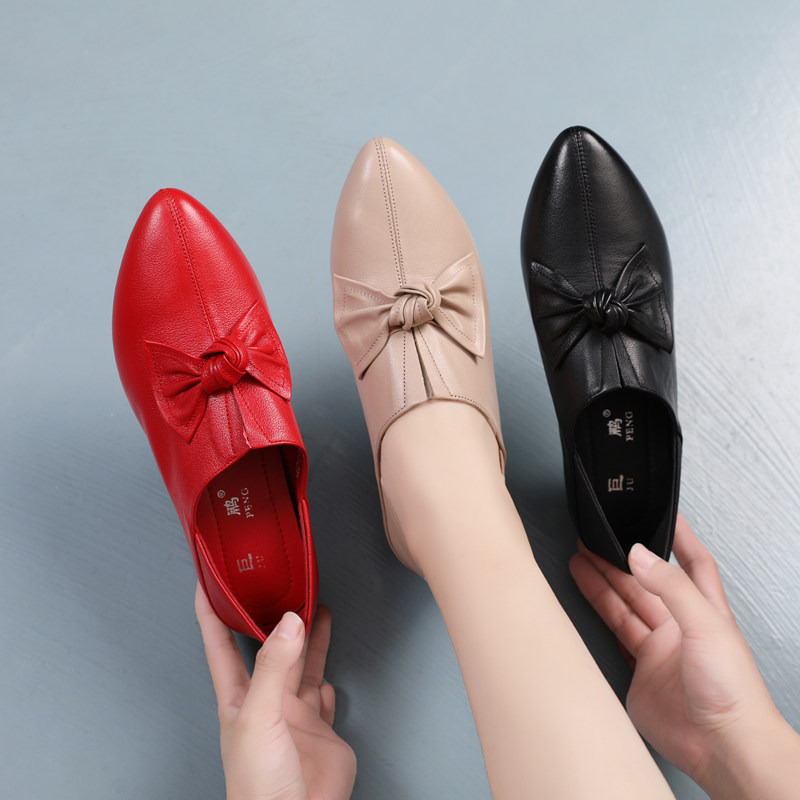 2023春季深口单鞋平底真皮软皮妈妈皮鞋女鞋女士鞋子百搭尖头新款