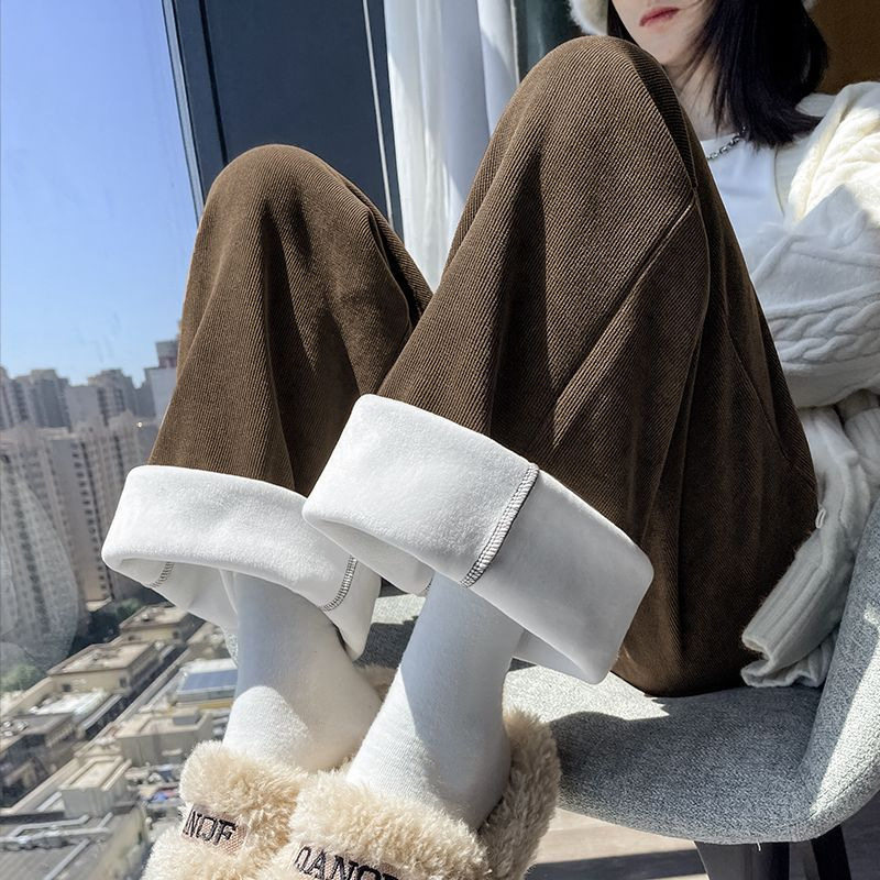 雪尼尔阔腿裤女春春秋季薄款加厚直筒窄版休闲针织黑色灯芯绒裤子