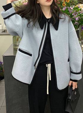 雾霾蓝千金风短款毛呢外套女秋冬季大衣2026年新款小个子温柔减龄