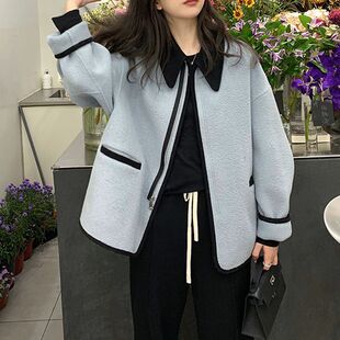 雾霾蓝千金风短款毛呢外套女秋冬季大衣2026年新款小个子温柔减龄