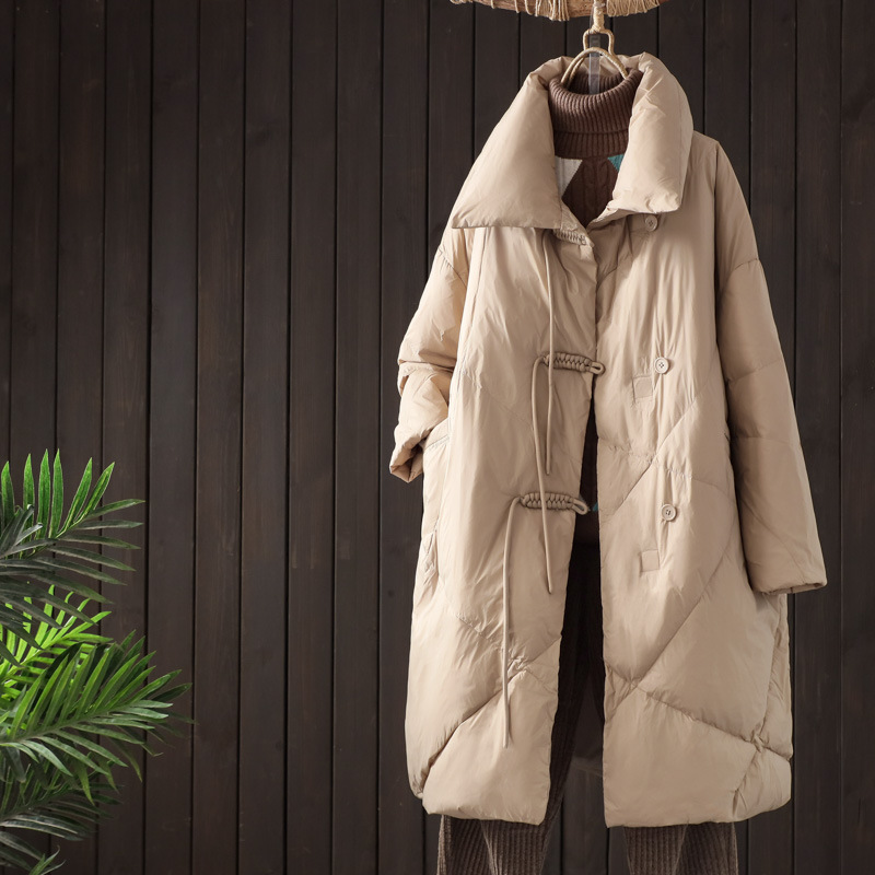 文艺国风盘扣白鸭绒中长款羽绒服女新款大码宽松保暖加厚冬季外套