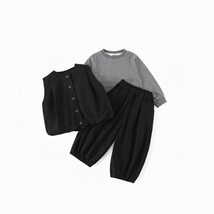 儿童春秋纯棉三件套2026新款男童秋季卫衣马甲裤子洋气套装AT025