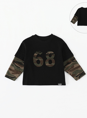 儿童假两件长袖T恤春秋2026新款男童黑色上衣印花宽松打底衫A5086