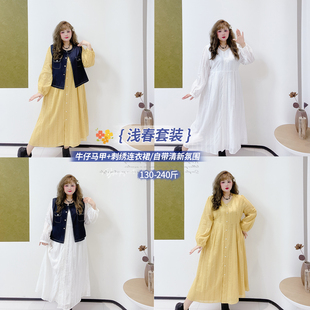 文艺复古风新书卷系显瘦牛仔马甲连衣裙套装 2026春胖莹莹大码 女装