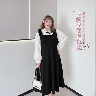 大码 240斤胖妞萝莉减龄学院风加肥撞色清新显瘦假两件连衣裙 女装