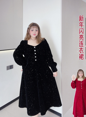 新年红色亮闪闪显瘦轻奢高级感方领显瘦大码女装丝绒赫本连衣裙
