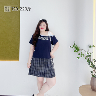 T恤 少女感斜肩辣妹纯欲字母蕾丝休闲减龄短袖 200斤胖莹莹大码 女装