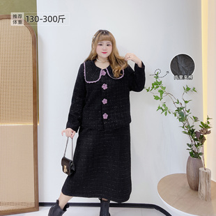 胖mm小香甜美娃娃领赫本夹棉外套半身裙套装 300斤胖莹莹大码 女装