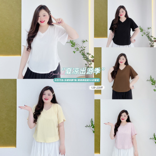 T恤 胖莹莹大码 女装 2025夏季 韩系减龄掐褶百搭V领纯色显瘦正肩短袖