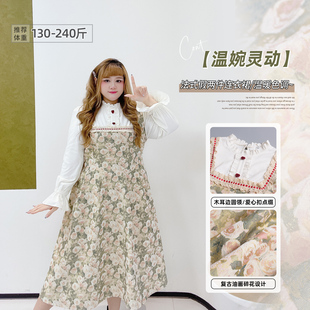 法式帝政风胖mm复古油画碎花胖莹大码女装提花木耳边假两件连衣裙