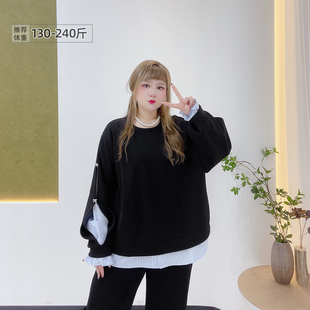 胖莹莹大码 学院风减龄蝴蝶结条纹设计感拼接假两件宽松卫衣 女装