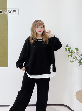 350斤胖莹莹大码女装韩系减龄高级感假两件钉珠宽松少女感卫衣