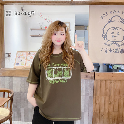 300斤宽松夏胖莹莹大码女装胖mm设计感刺绣潮酷加肥休闲短袖T恤