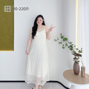 女装 胖莹莹大码 甜美温柔风重工高级感蕾丝显瘦仙女吊带长裙连衣裙