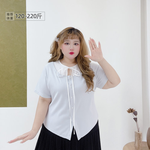 大码甜美减龄撞色假两件小衫