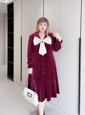 240斤胖mm加肥肉嘟嘟胖莹莹名媛红色敬酒服蝴蝶结法式丝绒连衣裙