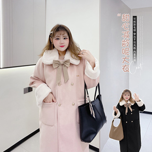 毛領蝴蝶結夾棉毛呢大衣胖瑩大碼 高級感減齡清新遮肉學生外套 女裝