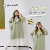 300斤胖莹大码 女装 加绒学院风减龄拼接假两件显瘦花朵卫衣连衣裙